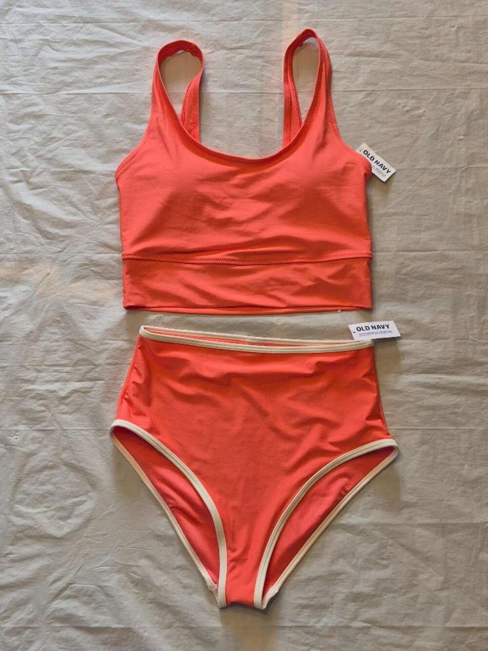 NWT S Old Navy 2 Piece Coral Bikini Matte Longline Top + High Waisted Bottom